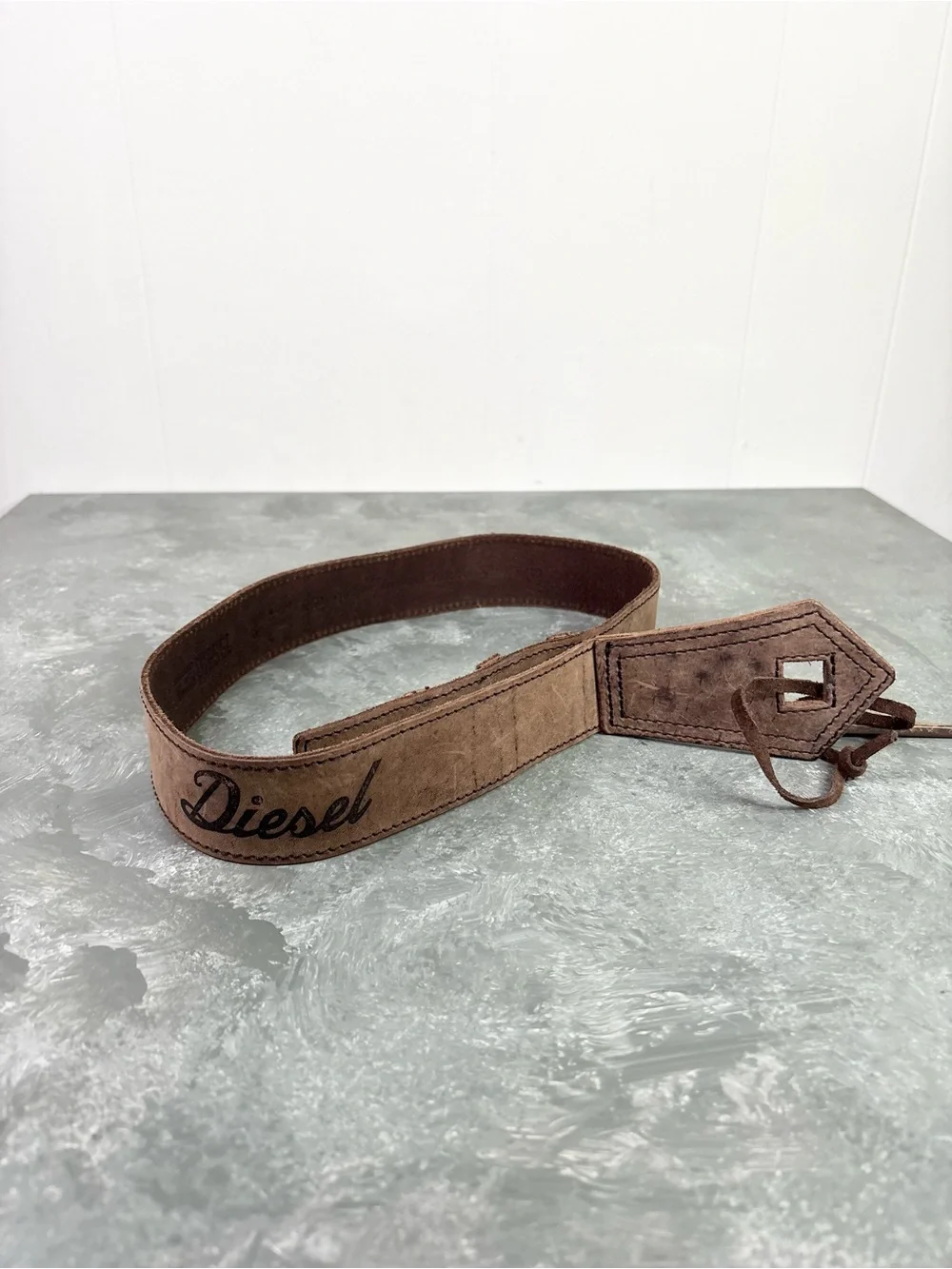 Diesel brown leather belt matured finish signature script logo dagger 34 inch